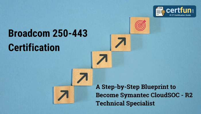 The image shows a banner with the title "Broadcom 250-443 Certification" and a subtitle "A Step-by-Step Blueprint to Become Symantec CloudSOC - R2 Technical Specialist." The visual features five wooden blocks arranged diagonally, each block showing an upward-pointing arrow, leading to a final block with a target symbol, representing progress toward a goal. The background is light blue, and the top-right corner includes the logo "certfun.com" with the tagline "#1 IT Certification Guide.