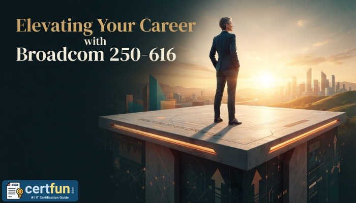 A dynamic editorial image showing a professional on an elevated platform looking towards a bright future, symbolizing career advancement and the value of Broadcom 250-616 certification.