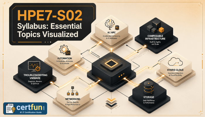 An isometric vector illustration depicting interconnected geometric shapes, each representing a core syllabus topic for the HPE7-S02 exam, visualizing structured knowledge.