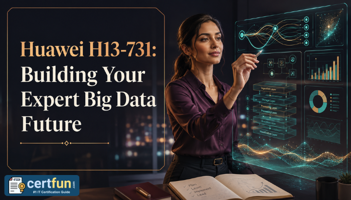 An adult woman, a Big Data professional, stands confidently before a holographic display projecting intricate data visualizations, symbolizing the career growth enabled by Huawei H13-731 certification.