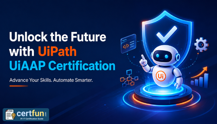 Futuristic UiPath UiAAP certification banner showing a robot with automation and AI icons, highlighting agentic automation career growth.